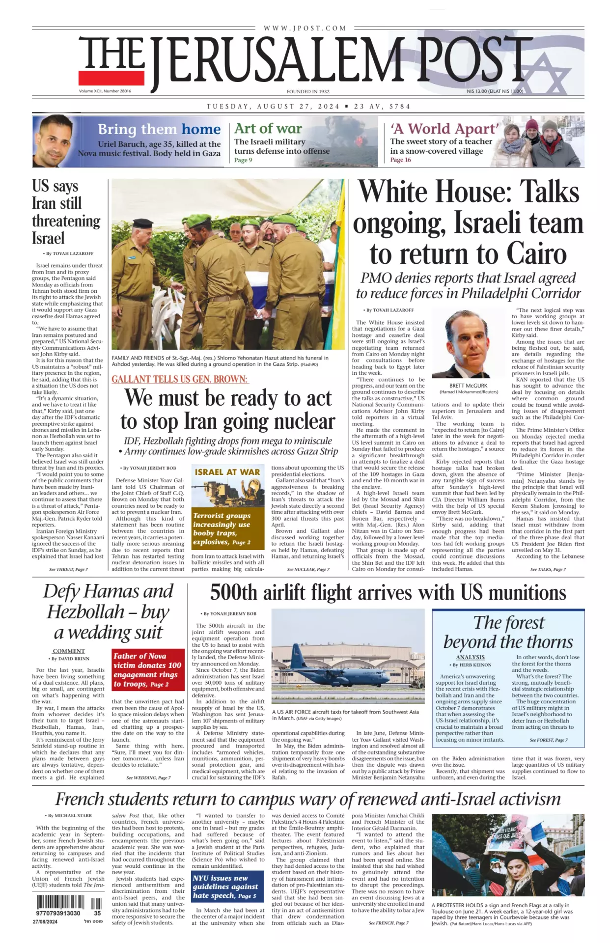 Prima-pagina-the jerusalem post-edizione-di-oggi-27-08-2024